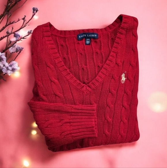 Lauren Ralph Lauren Sweaters - NWOT L-RL Women's V-Neck Cable Knit Red Sweater With Gold Logo Size-M